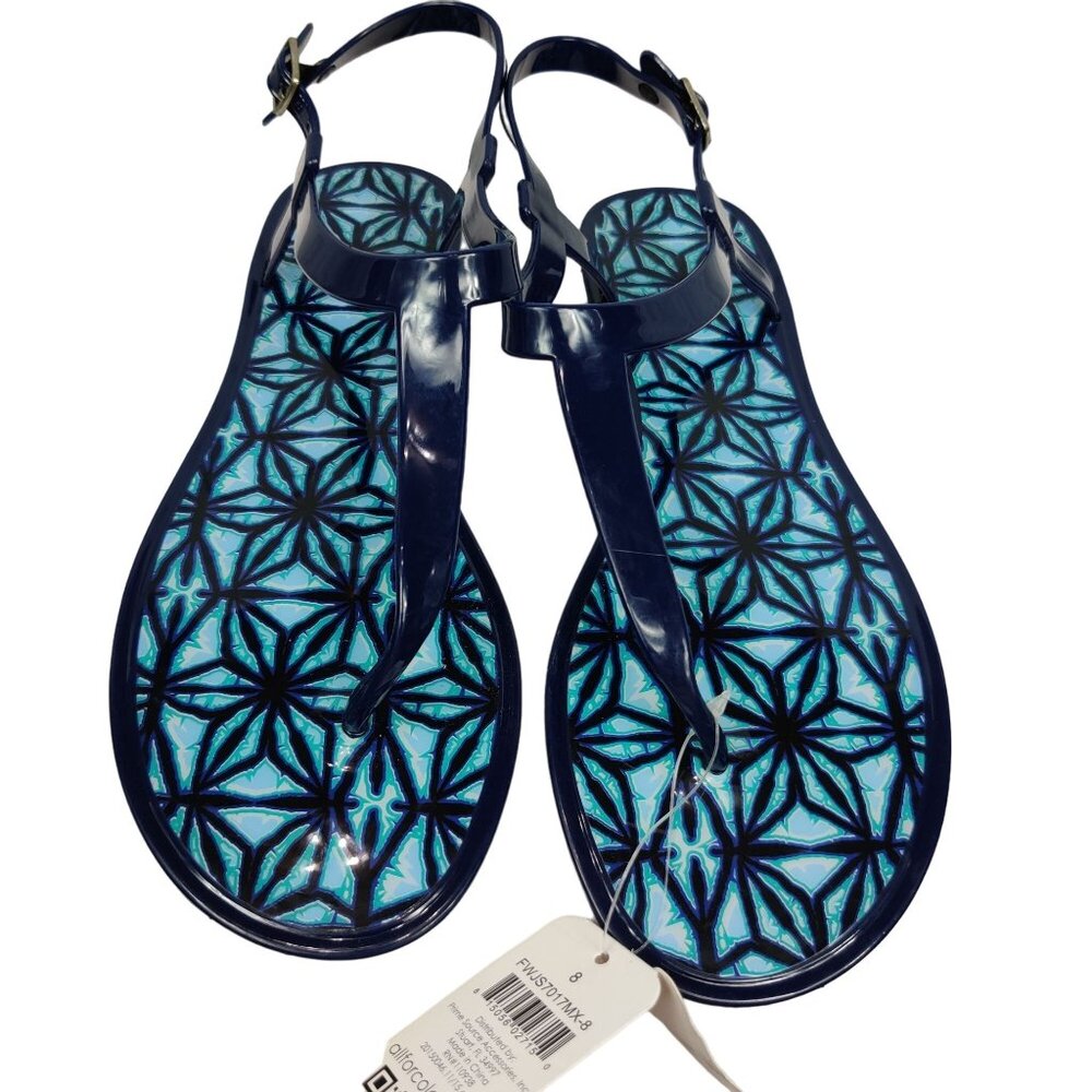 All for Color Jelly Sandals T strap Summer Blue Geometric Print Insole New Sz 8